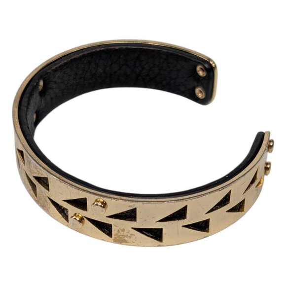 Vtg Stella Dot Addison Cuff Bracelet Gold Tone Black Leather Geometric Cutout - Picture 2 of 9